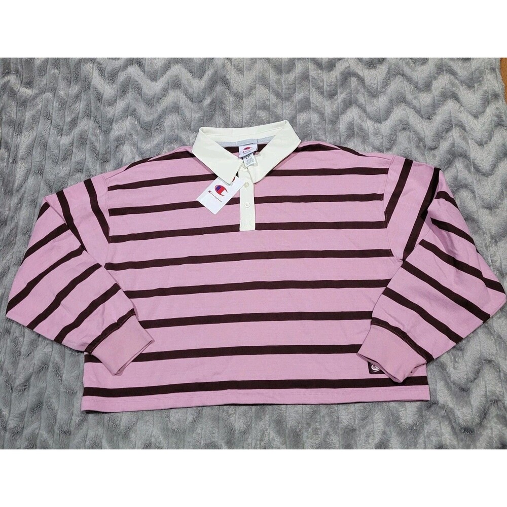 Champion Womens XXL Point Cropped Rugby Tee L/S Cosmic Pink Striped Preppy Shirt